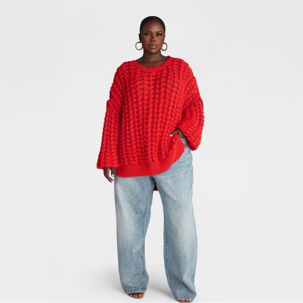 KBB by KAHLANA Women's Pullover Sweater 'The Chunky Knit Crew' Red 3X